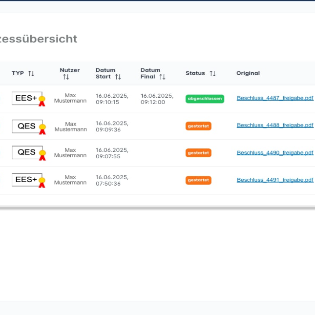 Vollständige Übersicht aller Signiervorgänge mit detailliertem Status-Tracking. 

Verwalten Sie alle Dokumente zentral und behalten Sie den 