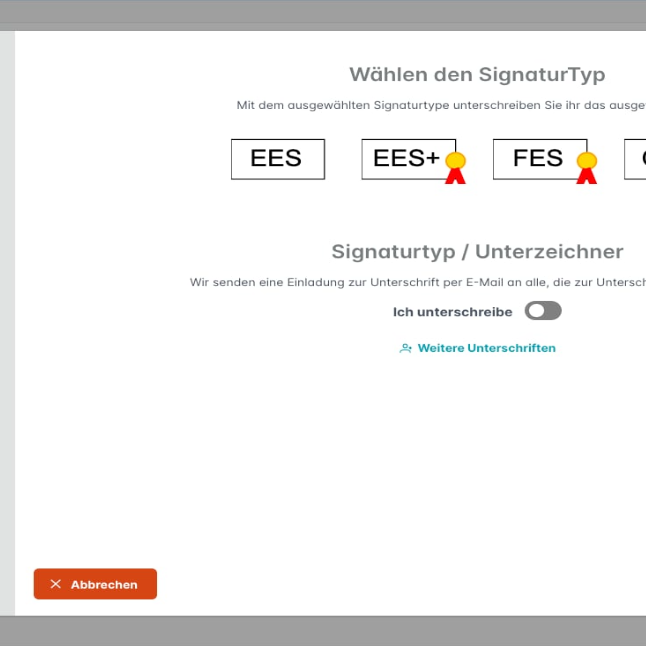 Bild zeigt die Auswahl der verschiedenen Signierarten