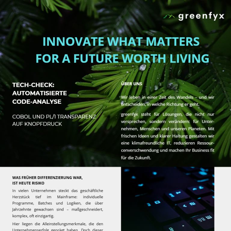 Werbeflyer von greenfyx über Cobol Code Analyse zum Download.