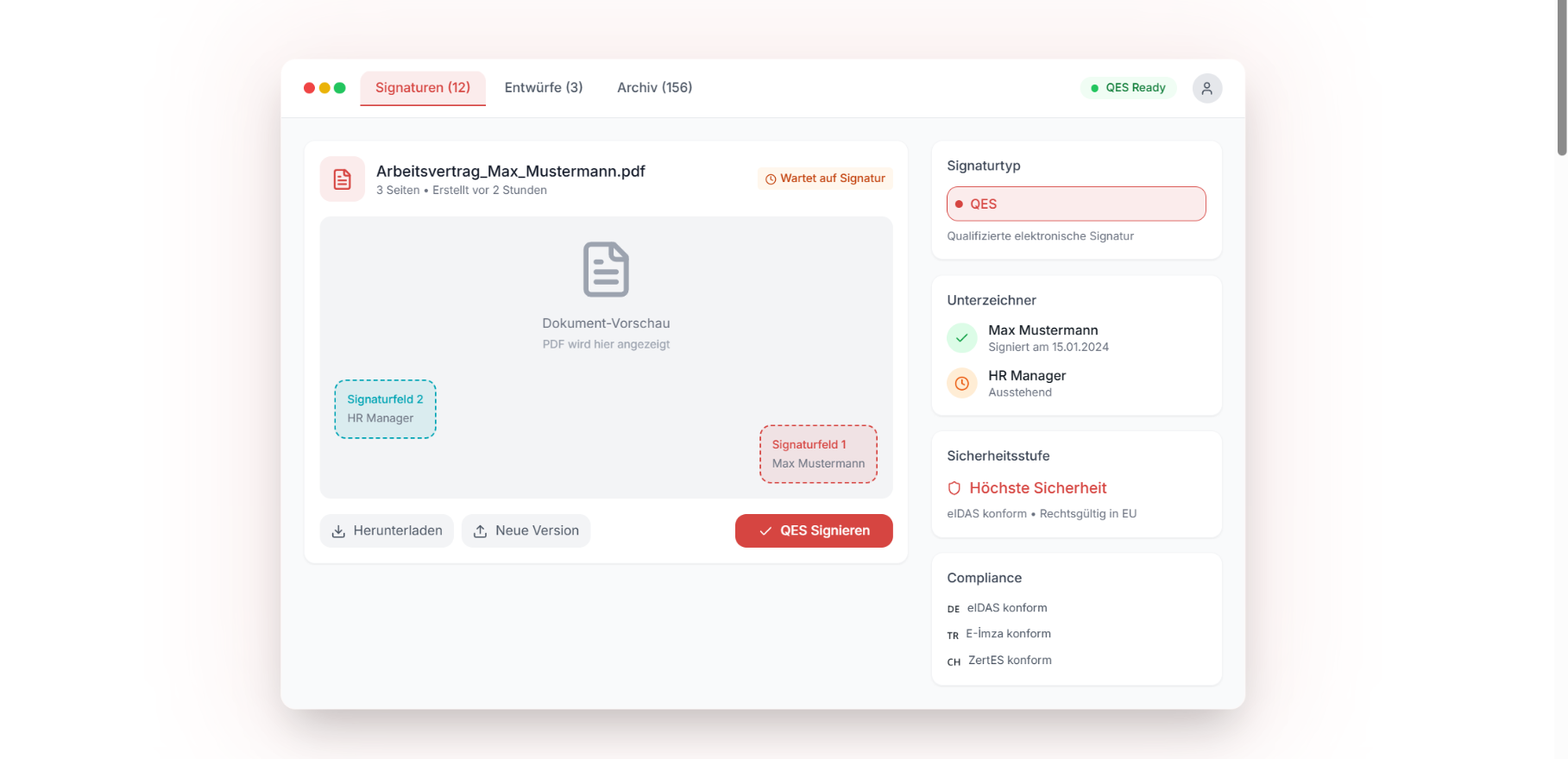 Benutzeroberfläche der Signaturplattform Benutzeroberfläche der Signaturplattform mit einer Datei und Statusanzeigen.