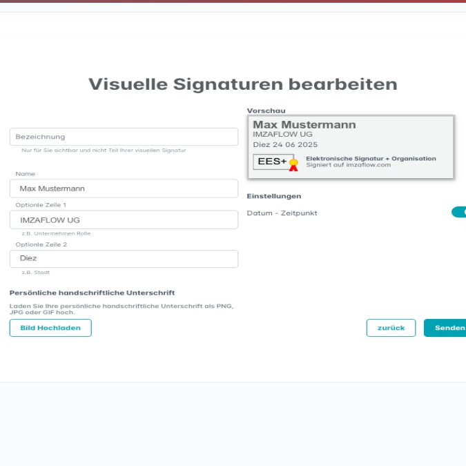 Formular zur Bearbeitung visueller Signaturen mit Eingabefeldern und einem Beispielbanner.